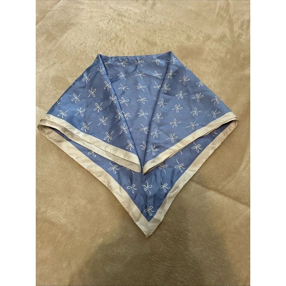 Vintage 100% Silk Scarf Cottage Blue Cream Bows Square